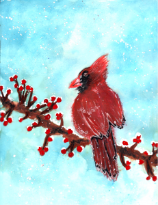 red cardinal sitting on a branch with red berries covered with snow