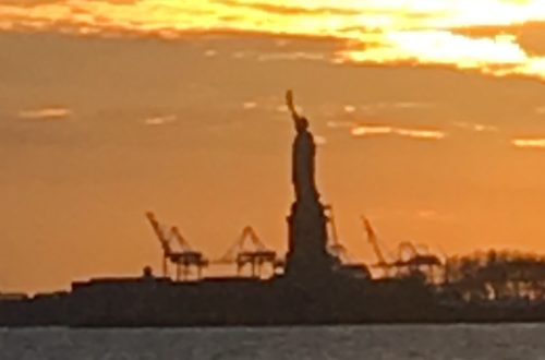 Statue of Liberty at sunset.