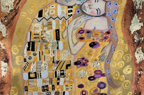 Klimt's The Kiss. Man embracing a woman whose head is tilted back as he kisses her.